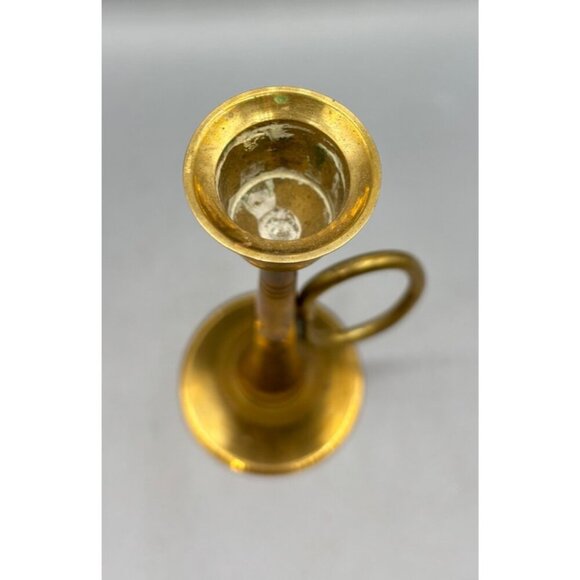 Vintage Brass Horn Candle Holder With Handle Elegant Gold Tapered Design - Picture 2 of 7